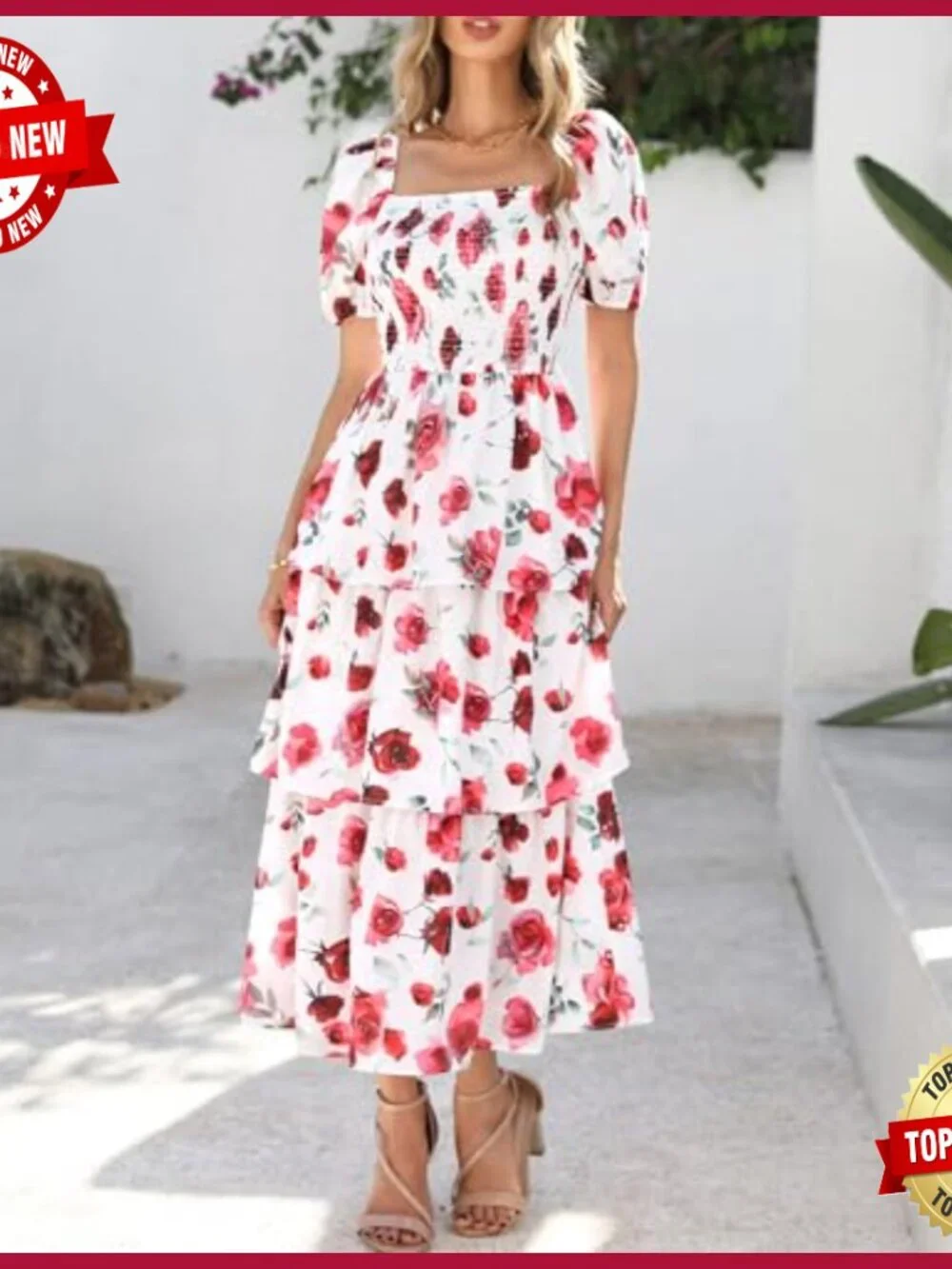 Women's Floral Maxi Dress Puff Sleeve Square Neck Smocked Tiered Boho - Picture 5 of 7